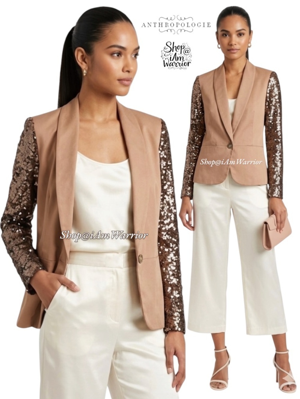 Anthropologie Elevenses champagne sequin luster sleeve blazer *shop@iamwarrior